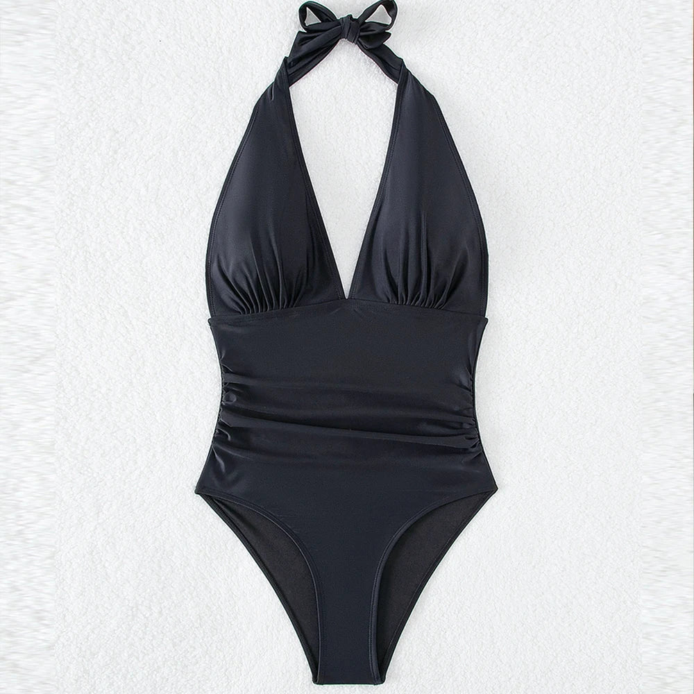 Solid Halter Tied Swimwear Women V Neck Push UP High Cut Swimsuit One Piece Backless Summer Bathing Suit