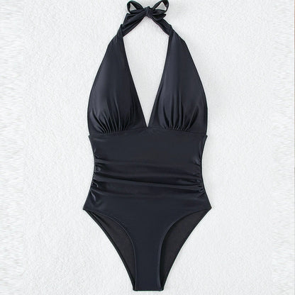 Solid Halter Tied Swimwear Women V Neck Push UP High Cut Swimsuit One Piece Backless Summer Bathing Suit