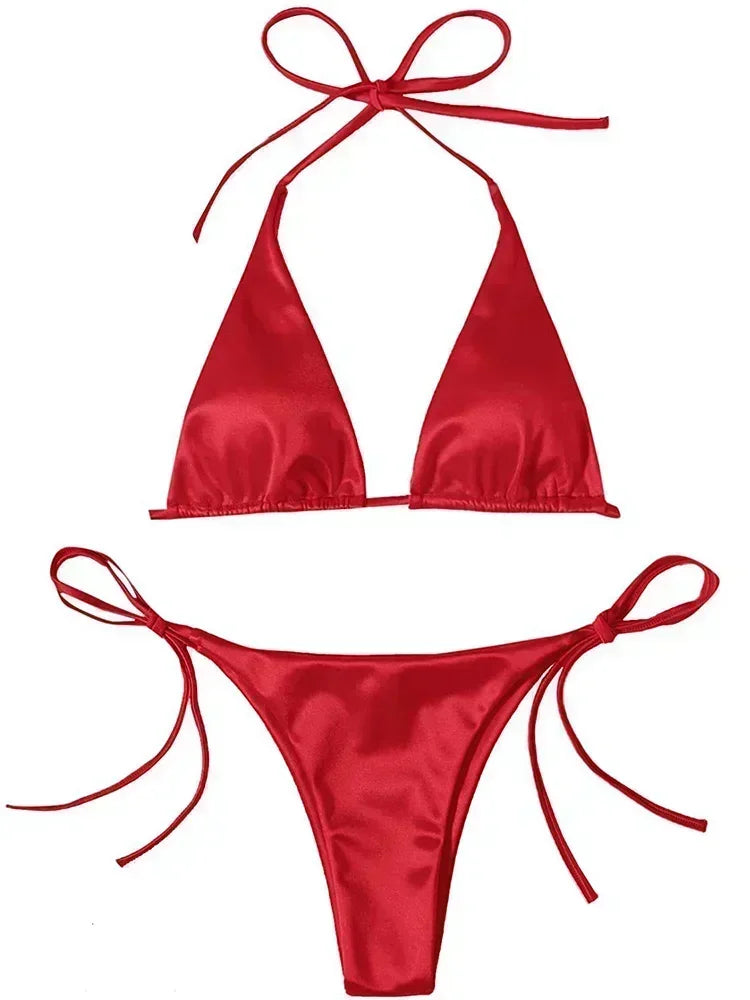 Wrap Around Halter Metallic Satin Bikini Women Swimwear Female Swimsuit Two-pieces Bikini Set Brazilian Bathing Suit Swim Lady