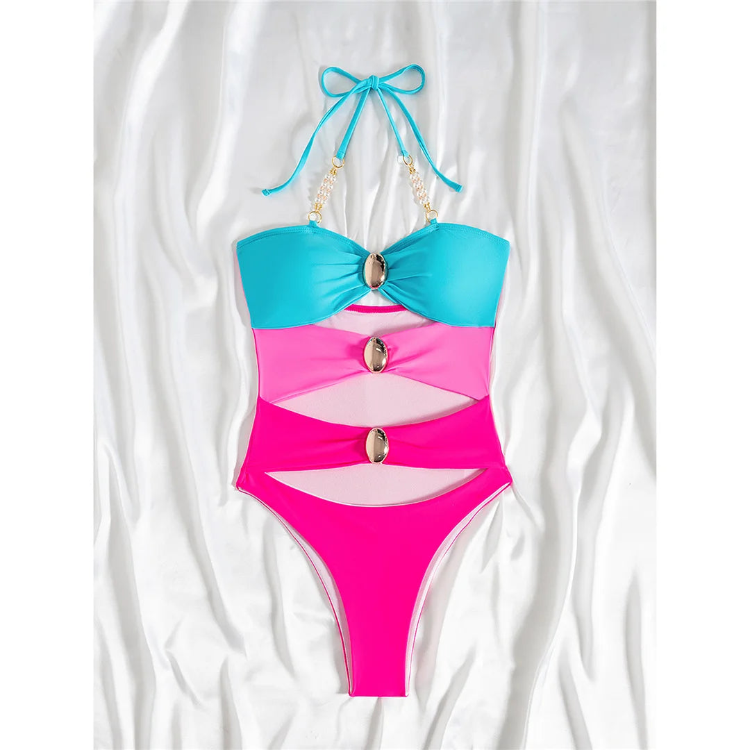 Splicing Halter Cut Out Metal Rings Women Swimwear One Piece Swimsuit Female High Leg Cut Padded Bather Bathing Suit Swim