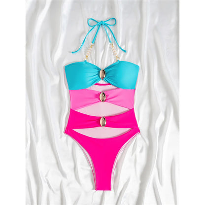Splicing Halter Cut Out Metal Rings Women Swimwear One Piece Swimsuit Female High Leg Cut Padded Bather Bathing Suit Swim
