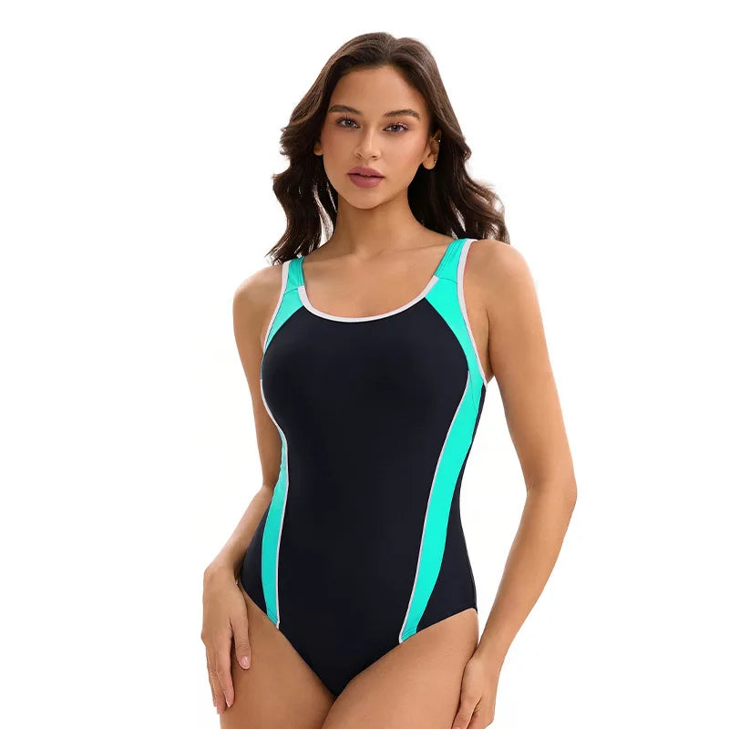 Women's Color Block One-Piece Racing Swimsuit - Backless Sleeveless Athletic Swimwear for Beach Vocation Wear