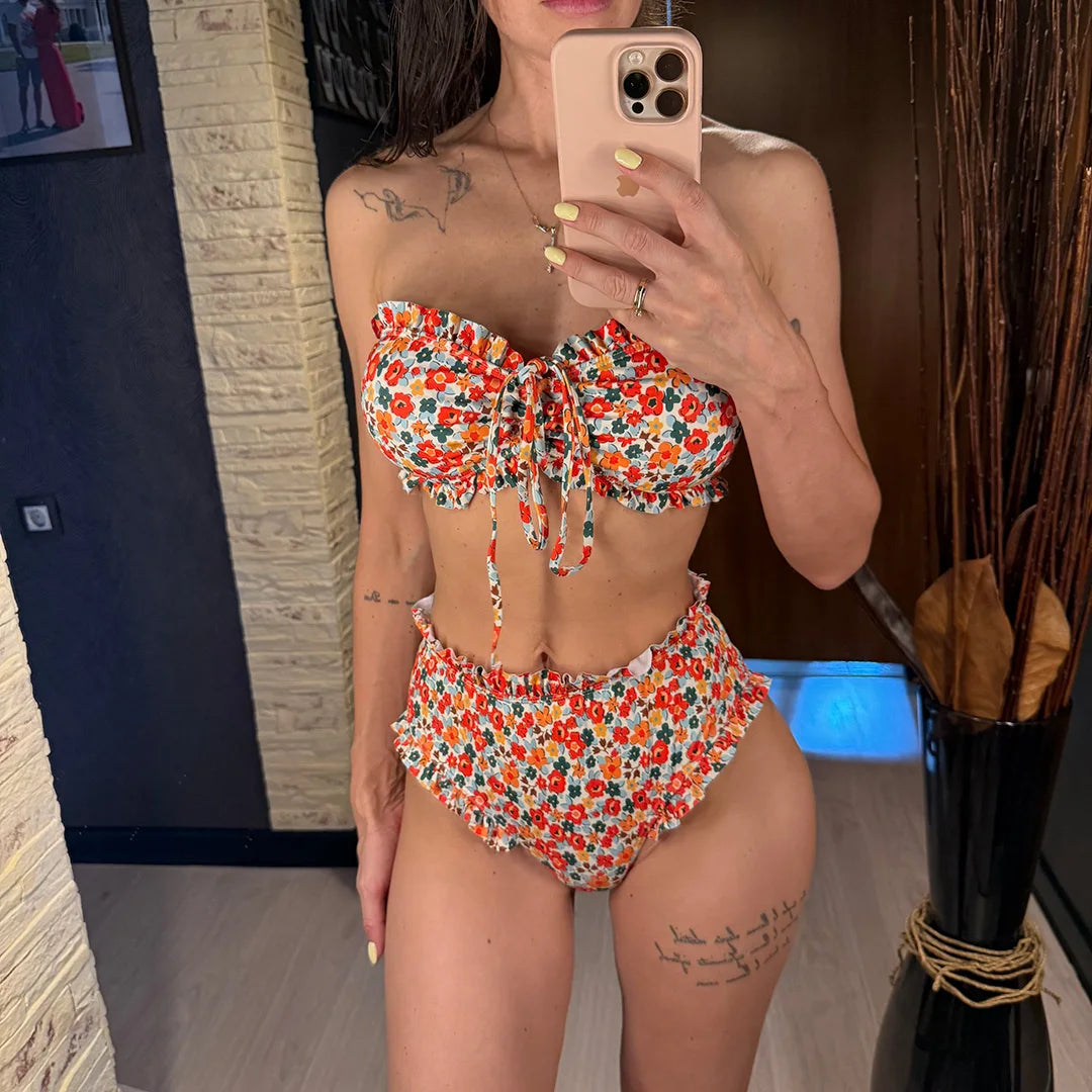 Flowers Printed Bandeau Female Swimsuit High Waist Bikini Women Swimwear Two-pieces Bikini set Bather Bathing Suit Swim