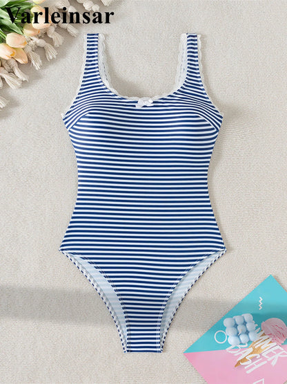 S - XL Striped Lace Backless One Piece Swimsuit Women Swimwear Female High Leg Cut Padded Bather Bathing Suit Swim