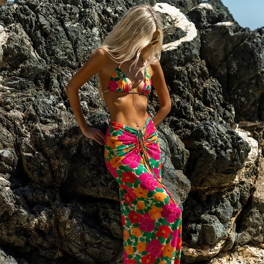 Print 3 Pieces Micro Bikini  Women Swimsuit Female Swimwear Bikini Set With Long Skirt Swimming Suit Beachwear Biquini