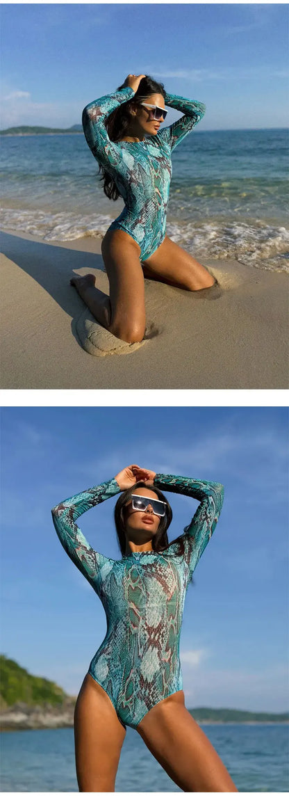 Mesh High Waist Swimsuit Women Summer Bathing Suit Bikini Set Long Sleeve Swimwear Beach Swimming Suit For Female