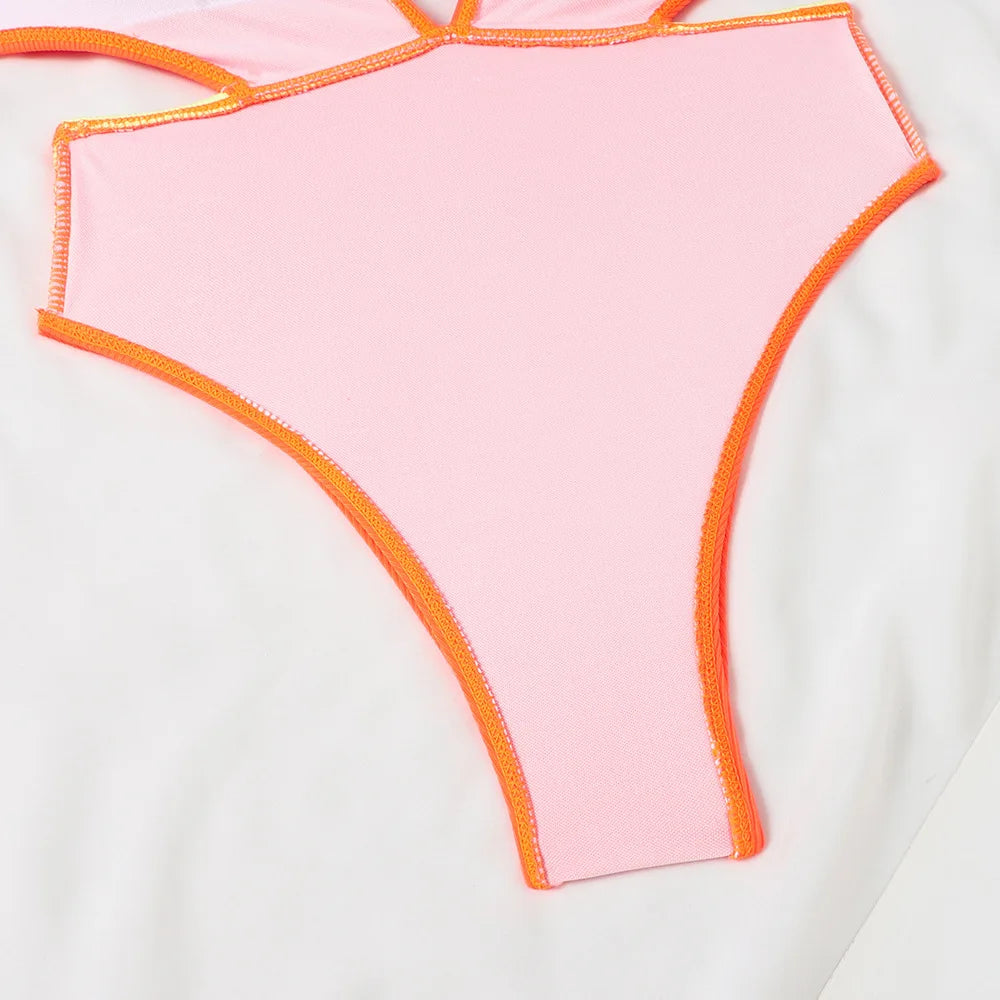 Patchwork Solid Swimwear Women Strapped One Piece Swimsuit Beach Lady Monokini Backless Hollow Bathing Suit