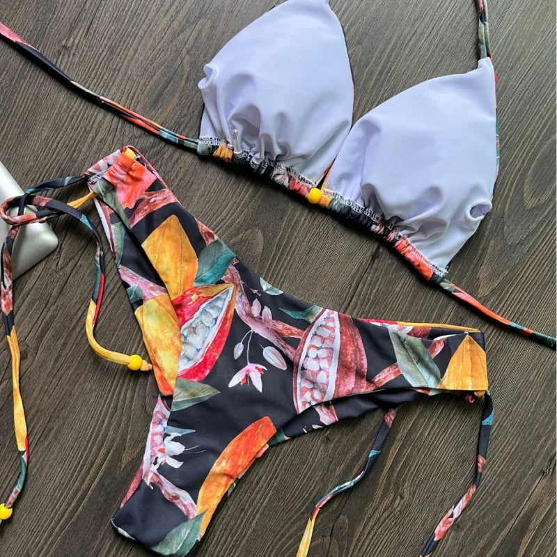 Bikini Digital Printed Lace-up Halterneck Triangle Split Swimsuit Female String Bikini