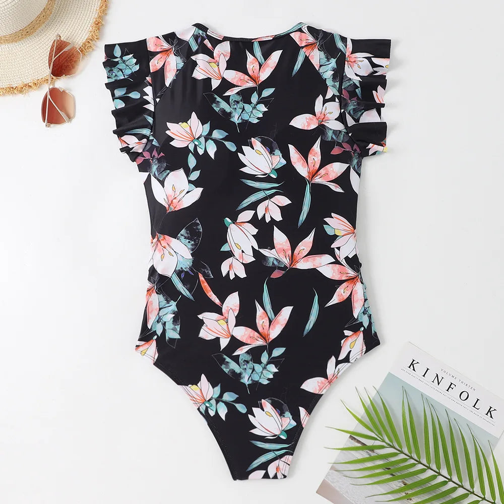 Nadanbao Sexy Bodysuit Swimsuit Women Floral Printing Fashion Swimwear Female Flounce Zipper Beach Party Surfing Beachwear