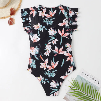 Nadanbao Sexy Bodysuit Swimsuit Women Floral Printing Fashion Swimwear Female Flounce Zipper Beach Party Surfing Beachwear