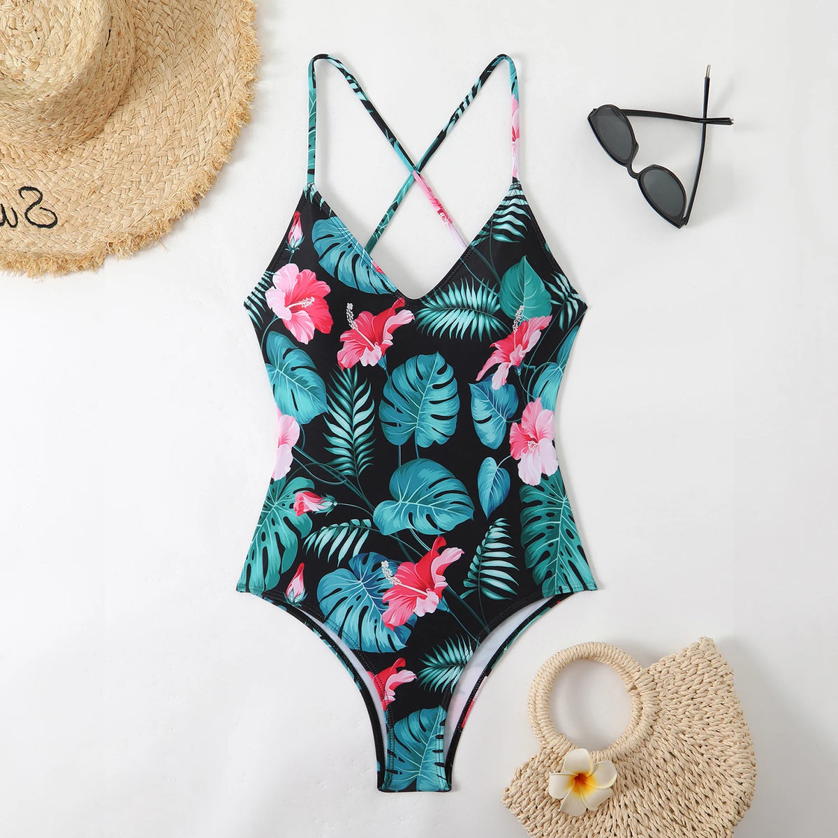 V-neck Strappy Swimsuit Women One Piece Printed Back Cross Swimwear Female Bathers Bathing Swimming Swim Suit Beachwear