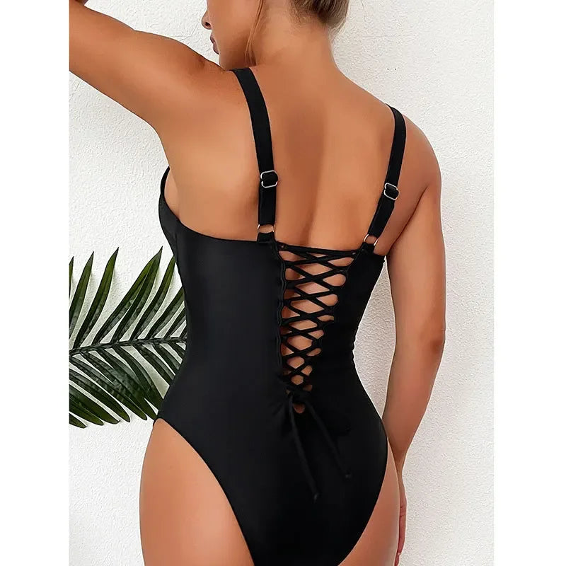 Bandage One Piece Swimsuit Women Retro Vintage Tummy Control Swimwear Bathing Suit Monokini XXL