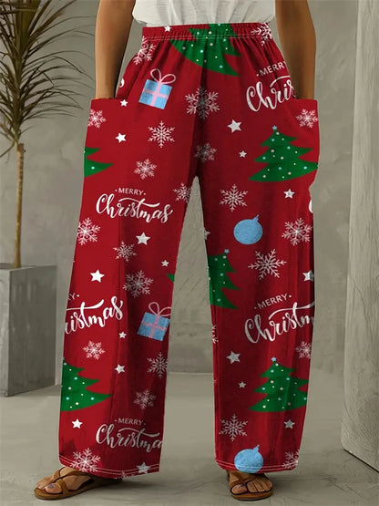 Women's Wide Leg Pants Christmas Tree Printed Trousers Women's Casual Christmas Gifts Elegant And Exquisite Pants
