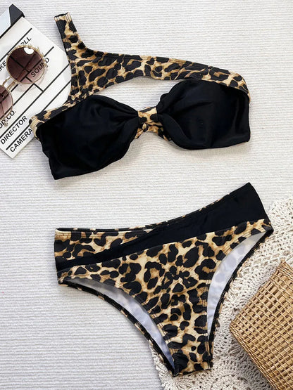 Leopard Print Patchwork Swimwear Women Hollow Bikini Set Push Up Lady Swimsuit Beach Brazilian Bathing Suit