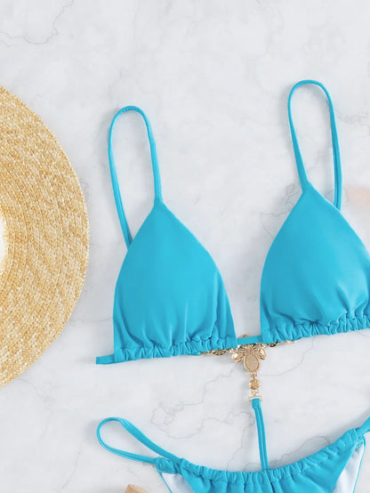 One Piece Swimwear Swimsuit Women Triangle Backless Crystal Decor Thong Sky Blue Bikinis Set Bathing Suit Beach Bikini