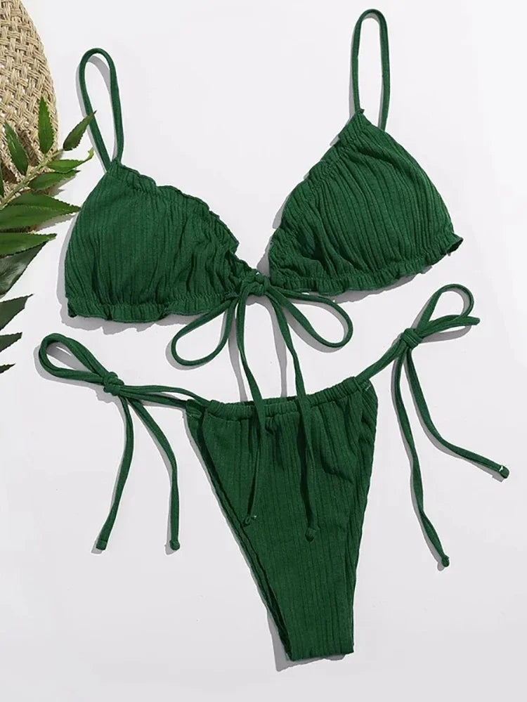 Swimsuit Pit stripe Bikini Women Swimwear  Bathing Suits Push Up Biquinis Bandage Beachwear Solid Bikini Sets