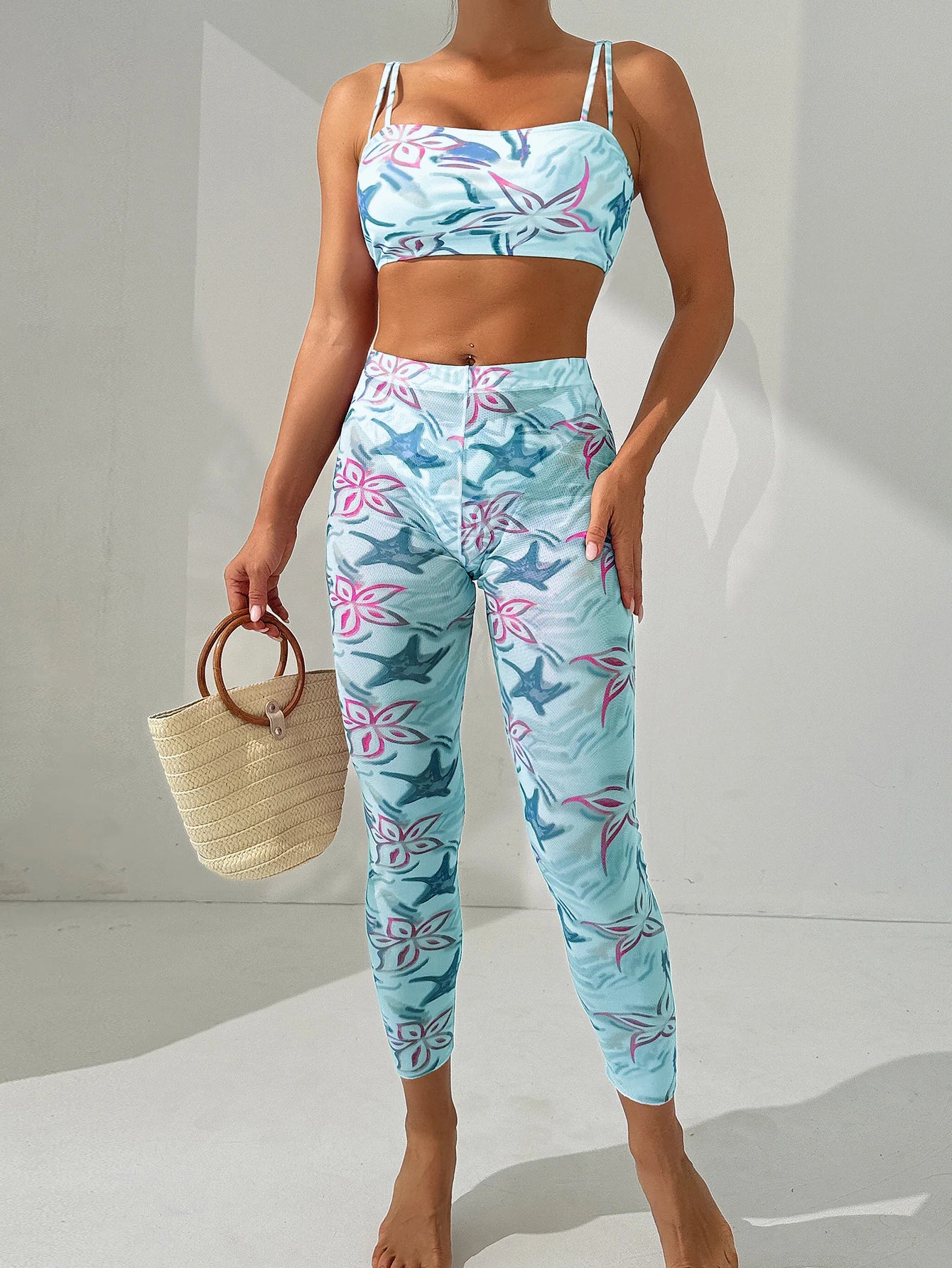 Strappy Padded Bikinis & Trousers Swimsuit Women Printed 3 Pieces Swimwear Female Bathers Bathing Swimming Swim Suit