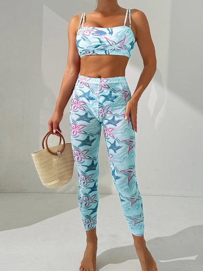 Strappy Padded Bikinis & Trousers Swimsuit Women Printed 3 Pieces Swimwear Female Bathers Bathing Swimming Swim Suit
