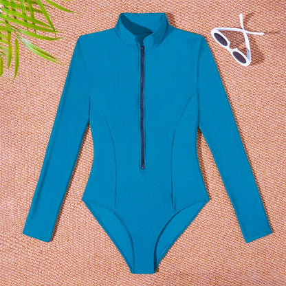 S - 2XL 4 Colors Long Sleeve With Zipper Surf Rash Guard One Piece Swimsuit Women Swimwear Female Bather Bathing Suit Swim