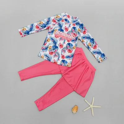 Girls' Long Sleeve Swimming Suit Skirt Style Quick Dry Thermal Sunscreen Swimwear Casual Surf Suit Children's Two Piece Swimsuit