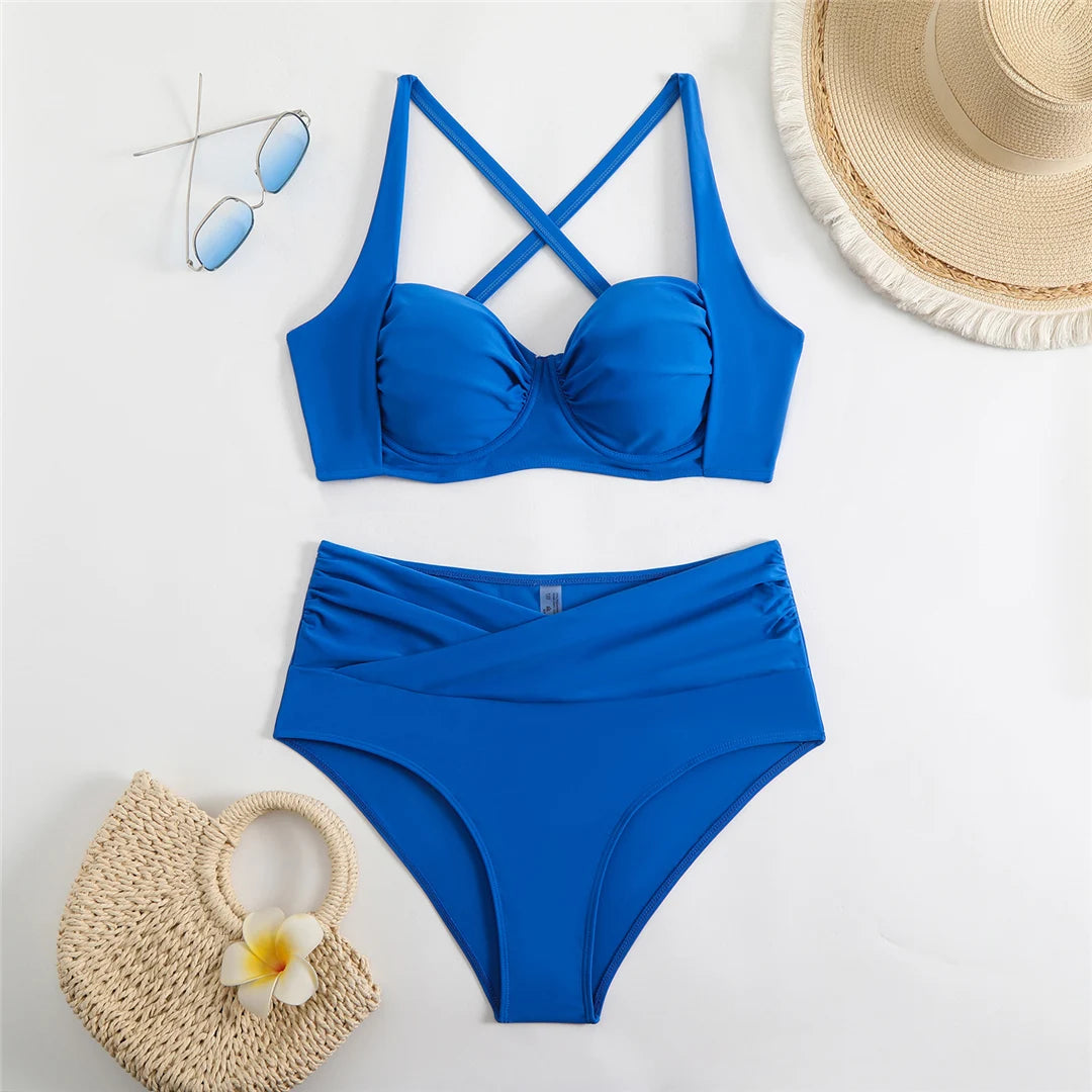 Pleated Underwired Padded Female Swimsuit High Waist Bikini Women Swimwear Two-pieces Bikini set Bather Bathing Suit Swim