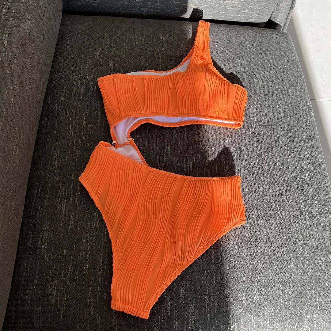 Asymmetric Cut Out Wrinkled One Piece Swimsuit Women Swimwear Female One Shoulder Padded Bather Bathing Suit Swim Lady