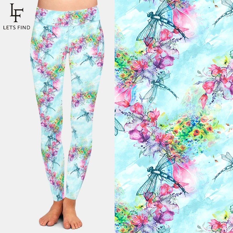 Dragonflies and Flowers Print Cute Women Leggings High Waist Soft Stretch Leggings Yoga Gym Pants