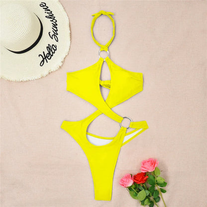 Tummy Cut Out Halter Women Thong Swimwear One Piece Swimsuit Female High Cut Monokini Rings Bathing Suit Swim Beach Wear