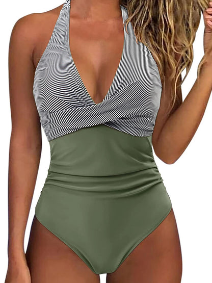 Halter Swimsuit Women One Piece Printed Cross Smocked Swimwear Female Bodysuit Bathing Swimming Suit Padded Beachwear