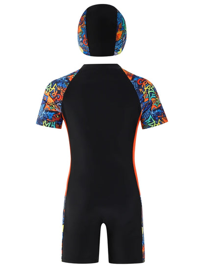 One Piece Boy Kids Swimsuit Solid Print Short Sleeves Children Swimwear Summer Zipper Beach Wear Bathing Suit Swimming