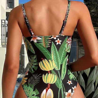 Push Up Hollow Out Swimwear Women Floral Print Padded Thong One Piece Swimsuit Beach Wear Bathing Suit Bodysuit Monokini