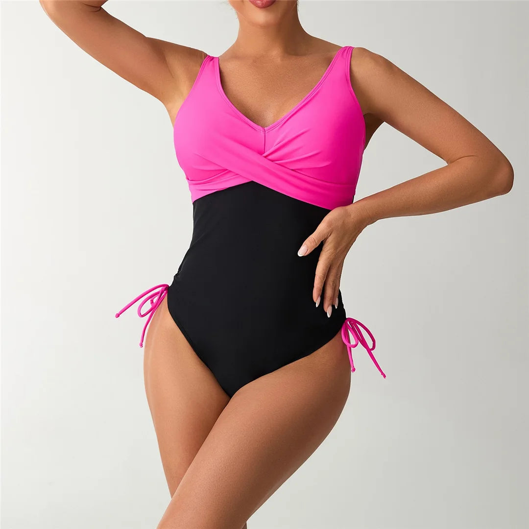 S - XXL Splicing V Neck Backless Women Swimwear One Piece Swimsuit Female High Leg Cut Padded Bather Bathing Suit Swim