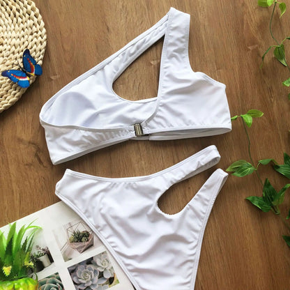 Solid color swimsuit irregular diagonal shoulder  bikini Swimwear Beach Bathing Suits