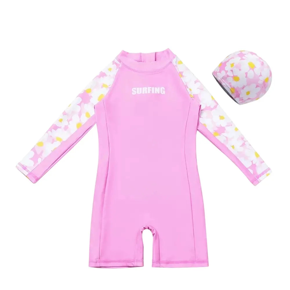 Toddler Baby Bathing Suit Girls Swimsuit One-Piece Rashguard for 2-10 Years UPF 50+ Anti UV Long Sleeve Swimwear for Children