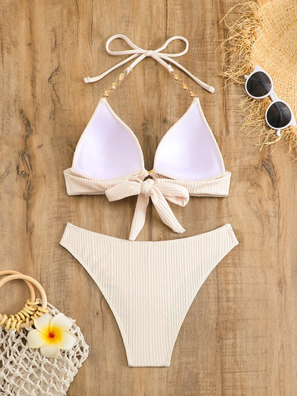 Halter String Ring Link Bikini Women Swimwear Female Push Up Swimsuit Bathers Bathing Swimming Suit Beachwear Summer