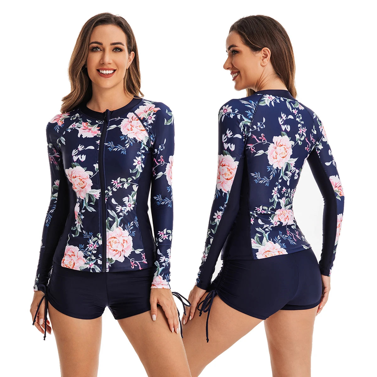 Women's Two Piece Long Sleeve Bathing Suits UV Protection Rash Guard Surfing Swimsuit Print Tankini Set Zip Padded Shirt+Shorts