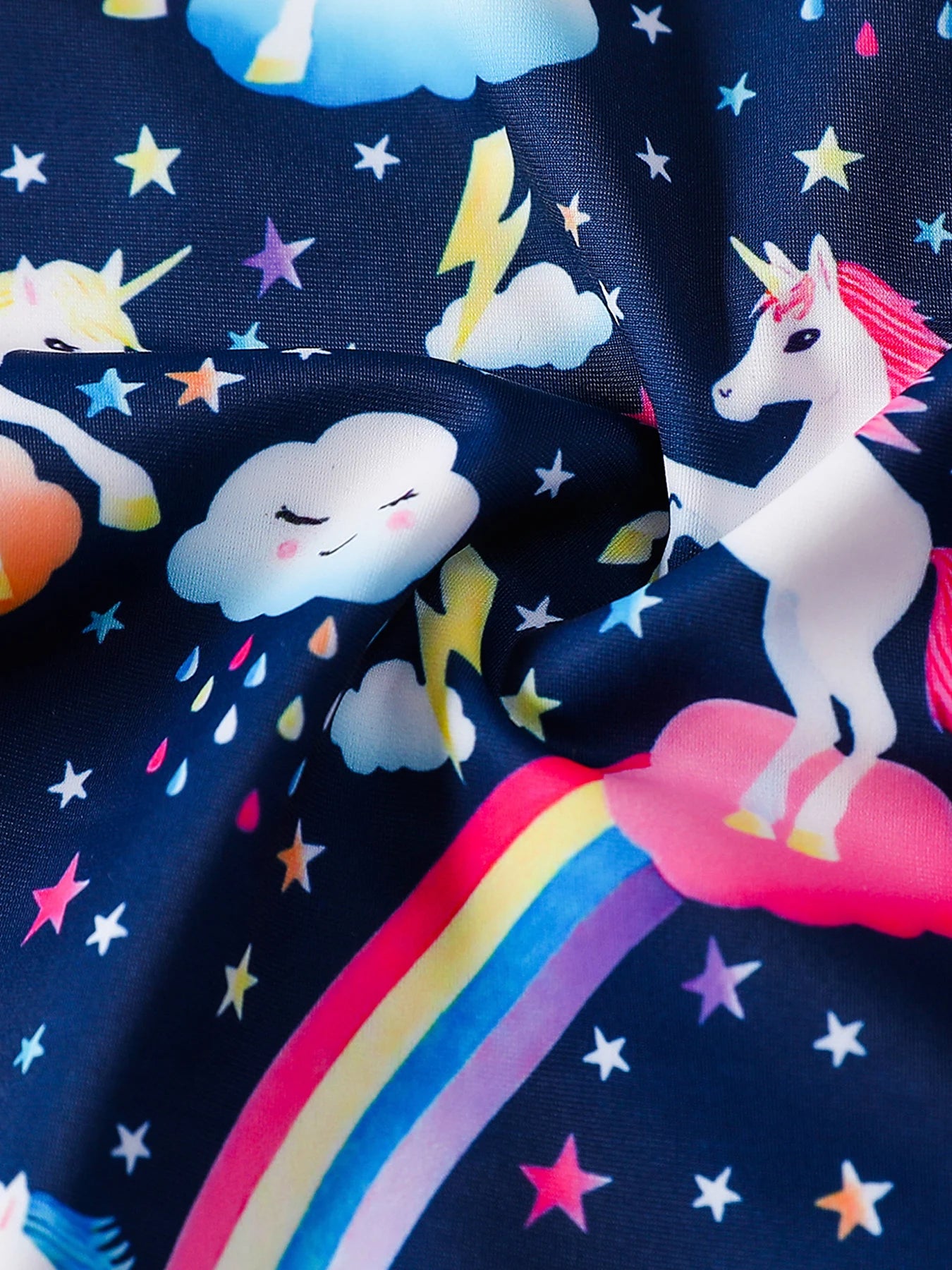 Girls Swimsuit One-Piece Cartoon Horse Weather Icons Print Bikini-Cut Swimwear Long Sleeve Color Blocking Beach Swim Rash Guard