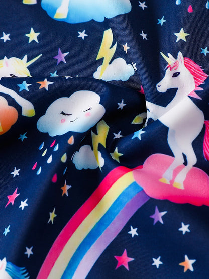 Girls Swimsuit One-Piece Cartoon Horse Weather Icons Print Bikini-Cut Swimwear Long Sleeve Color Blocking Beach Swim Rash Guard