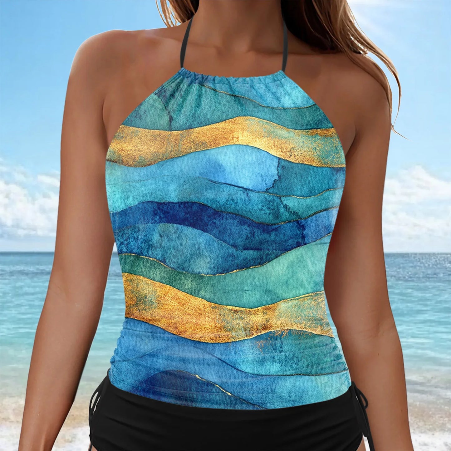 Women's Vintage Print Swimsuit Tankini Set Hanging Neck Slim Fit Suspender Tops Mid Waist Side Drawstring Bathing Suits Shorts