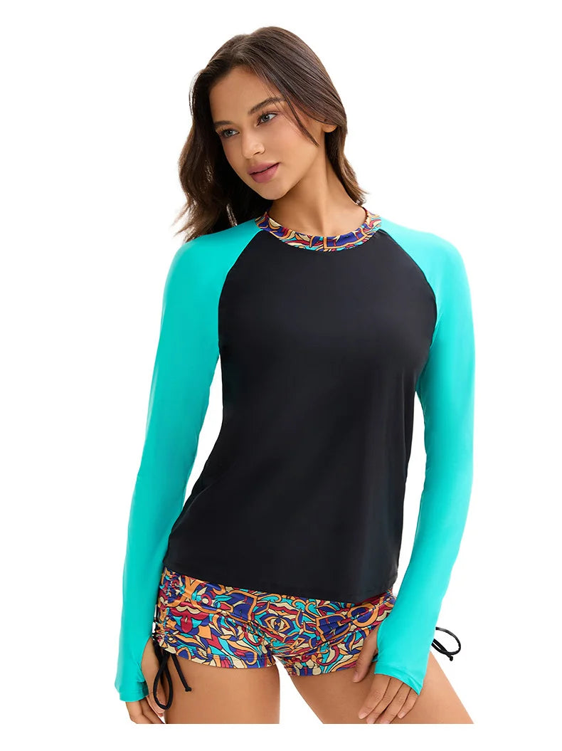 Women's 2-Piece Swim Set  Rash Guard - Color Block Long Sleeve & Printed Boy Shorts