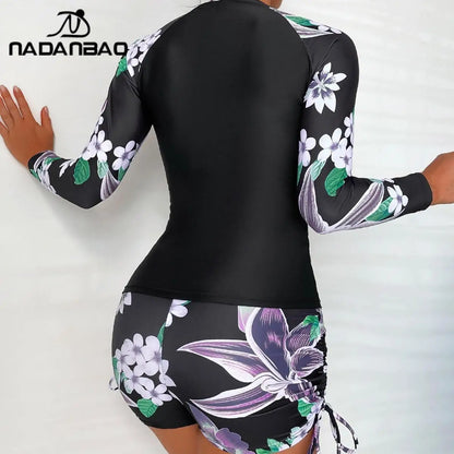 Long Sleeve Sun Protection Surf Suit Women Floral Print Beach Party Swimwear Female Swimming Trunks Bathing Suit