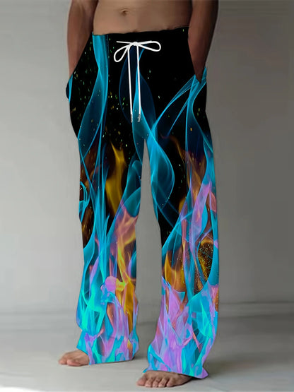 Men's Casual Pants Dynamic 3D Flame Print Straight Leg Casual Pants Waist Retro Style Street Wear
