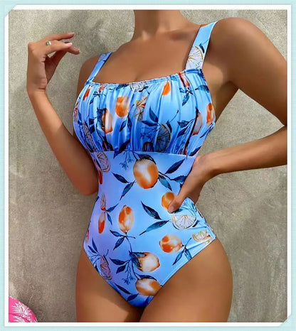 Pleated Front Swimsuit One Piece Printed Swimwear Women Bodysuit Lady Bathers Bathing Swimming Swim Beachwear Summer