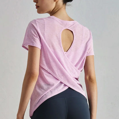 Aiithuug Breathable Mesh Yoga Short Sleeve Crisscross Back Yoga Short Sleeve Blouse Quick Dry Gym Shirt Casual Cutout Back Yoga