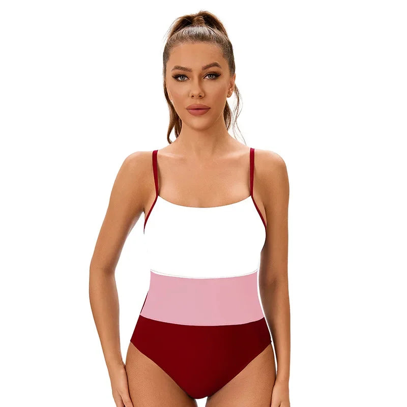 Block Colors One-Piece Swimsuit Sexy  Backless Bodycon Fit  Swimwear for Summer Vacations Bathing Suit Women