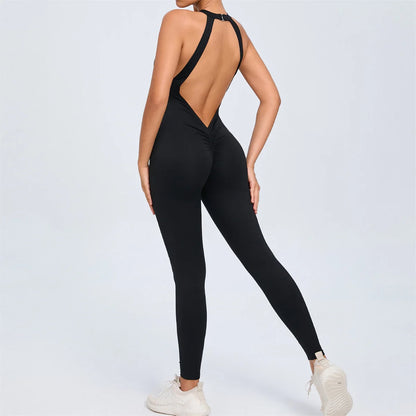 Pad Scrunch Backless Yoga Sport Jumpsuit Women Monkeys One Piece Gym Outfit Legging Fitness Overalls Workout Pant Clothing