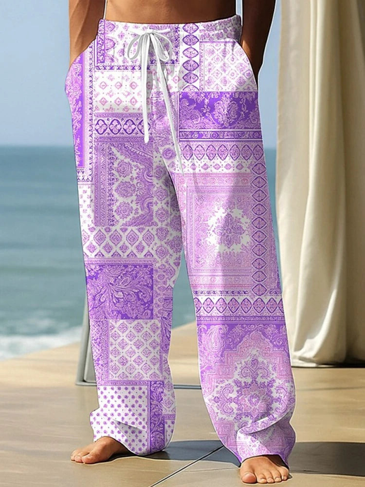 Summer Drawstring Loose-Fit Men's Wide-Leg Pants 3D Retro Patchwork Print Casual Trousers Everyday Wear Long Pants