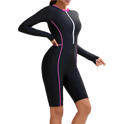 Womens Swim Leotard Long Sleeve One-Piece Swimsuit Surfing Swimwear Bathing Suit Front Zipper Jumpsuit for Summer Holiday Pool
