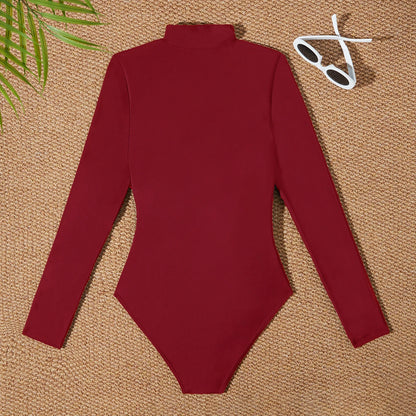 Red Slim Rush Guard Long Sleeve Surfing Swimsuit Women With Zipper Solid Swimwear Female Bathers Bathing Swimming Swim Suit XXL