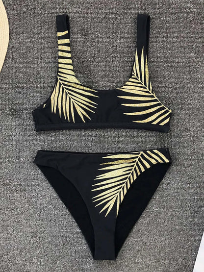 Leaves Printed Female Swimsuit High Waist Bikini Women Swimwear Two-pieces Bikini set Bather Bathing Suit Swim
